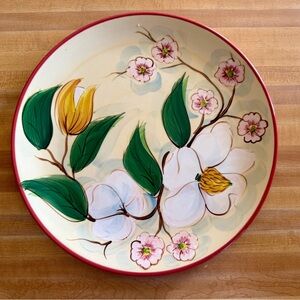 Rare Magnolia Serving Plate by Gail Pittman 12" w/Red Rim Gorgeous! EUC Display